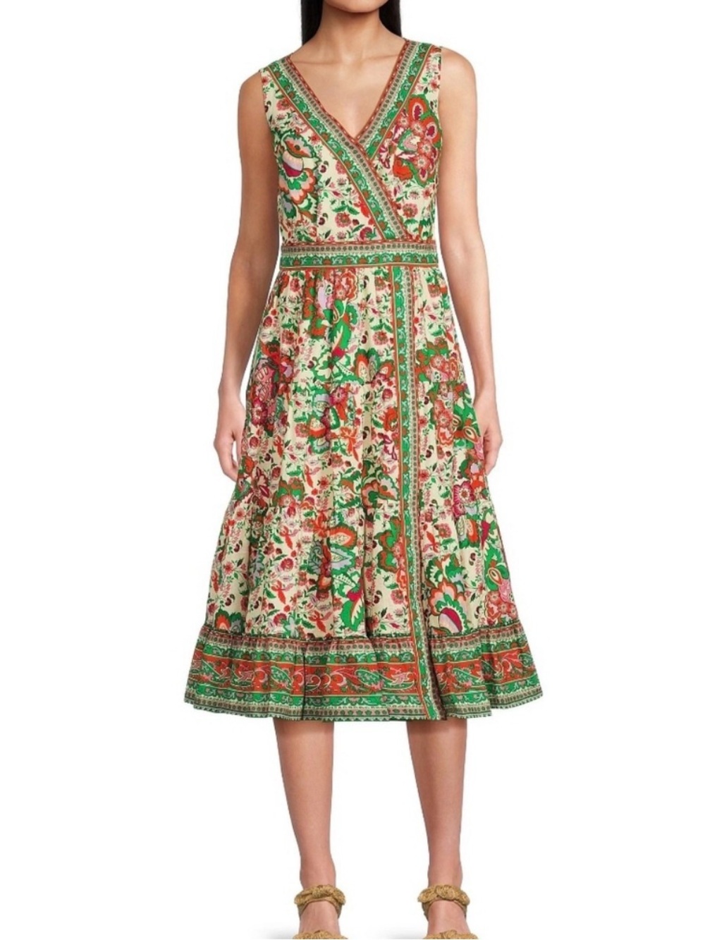 Gibson Latimer Linen Blend Mixed Print Faux Wrap Midi Dress Cottagecore BoHo S
